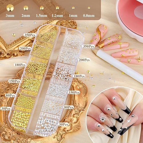 2640Pcs Silver Gold Nail Charms & Small Round Caviar Beads, Star Nails Gems | Gold Charms for Nails, Gold Beads for Nails, Star Charms for Nails, Nails Rhinestones Kit with Tweezers and Pick-up Pencil thumbnail 3