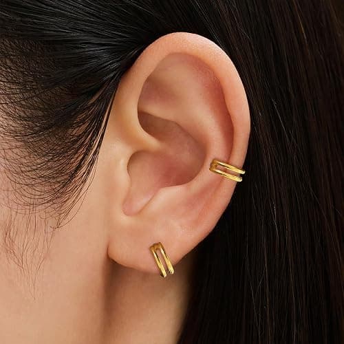 2 PCS Small Cartilage Double-Hoop Helix Conch Piercing Earrings With Cubic Zirconia For Women Trendy 14K Gold Plated Stainless Steel Sets Jewelry thumbnail 5