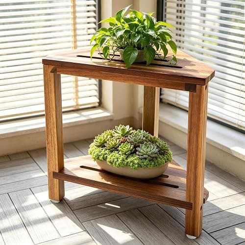 IBosins Corner Shower Stool 14in Small Bench Storage Shelf Natural Finish | Acacia Wood Shower Chair for Inside Shower Foot Rest for Shaving Legs Wooden Seat for Bathroom Living Room Bedroom thumbnail 6