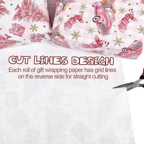KIMOBER 5 Rolls Christmas Wrapping Paper,Pink Paper with Retro Xmas Elements and Cut Lines on Reverse(17in × 118in Per Roll,Pink Style) thumbnail 5