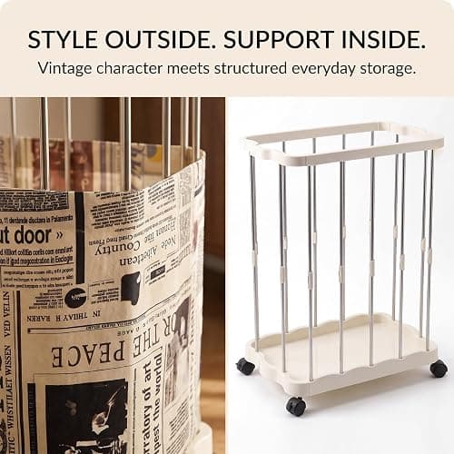 PureBox Laundry Hamper with Wheels, Vintage Rolling Laundry Basket, Cream | Metal Frame,Premium Fabric with Retro Newspaper Print,Easy Assembly,Smooth Rolling,Open Top,for Bedroom/Bathroom/Laundry Room thumbnail 4