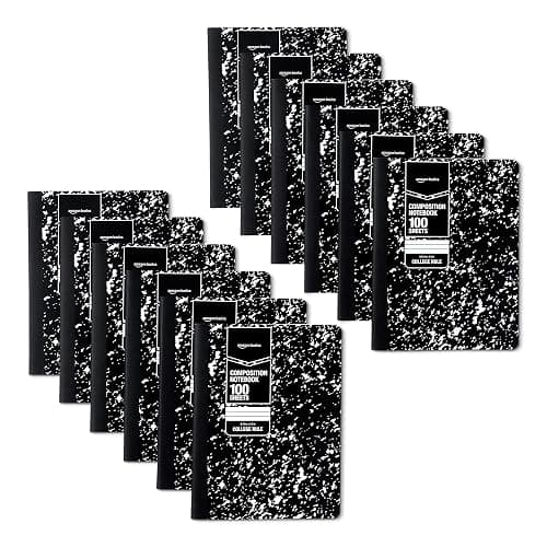 Amazon Basics Composition Notebook, College Ruled, 100 Sheets, 9.75" x 7.5", Marble Black, 12-Pack - Image 1
