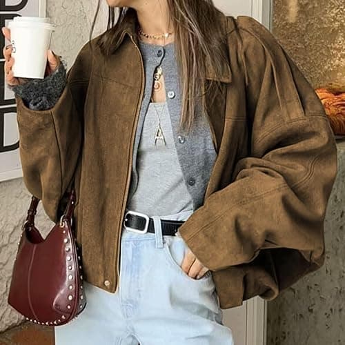 Xunger Women's Faux Suede Bomber Jacket Spring Lapel Pilot Coat Casual Oversized Long Sleeves Trendy Streetwear Outerwear thumbnail 3