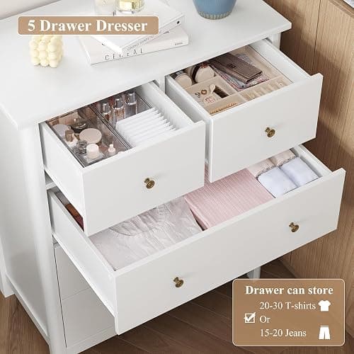 HOUSUIT White Dresser with 5 Drawers, Tall Chest of Drawers, 5 Drawer Dresser with Deep Space, Wood Storage Cabinet for Living Room, Hallway, Office, White thumbnail 7