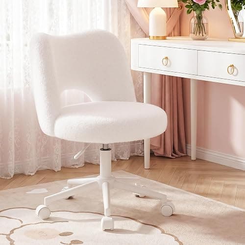 DurayLoly Vanity Chair with Open Back & Wheels White | Swivel, Fluffy Teddy Fabric, Height Adjustable,300lbs for Makeup Room, Vantiy, Bedroom - Image 1