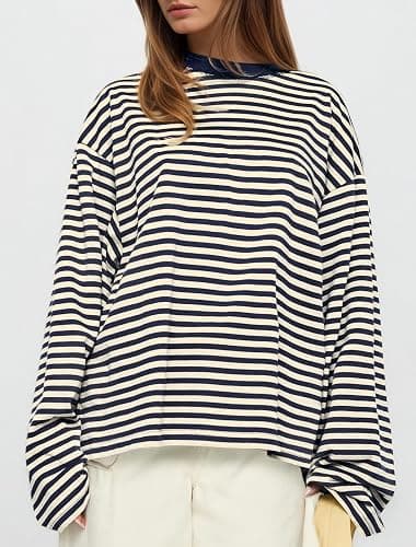 IWD Womens Striped Long Sleeve Shirts Y2k Oversized Drop Shoulder Sweatshirt Crewneck Color Block Pullover Tops thumbnail 2