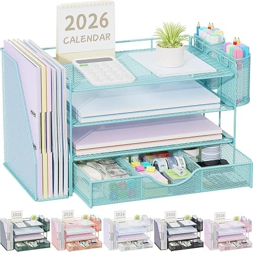 gianotter Desk Organizers and Accessories with File Holder, 4-Tier Desk Accessories & Workspace Organizers with Drawer and 2 Pen Holder, Paper Organizer for Office Supplies (Blue) - Image 1