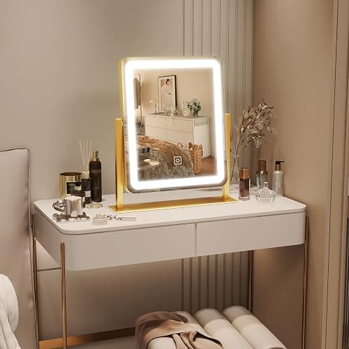 ROLOVE Gold Vanity Mirror with Lights, 15"x13" Lighted Makeup Mirror with Smart Touch, 3-Color Dimmable Lighting, 360° Rotation, Tabletop Mirror for Desk or Bedroom thumbnail 8
