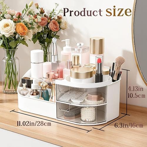 Makeup Organiser, Large Capacity Cosmetic Organisers for Beauty Skincare Jewelry, Make Up Storage Cosmetic Dressing Table Organiser Makeup Box with Drawer for Bedroom Bathroom Dresser Office (White) thumbnail 2