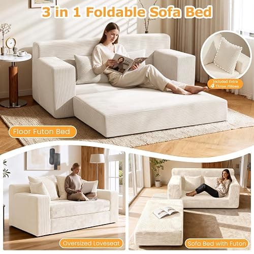 Winzoo Boneless Loveseat Sleeper Sofa Bed, 3-in-1 Convertible Sofa Bed and Futon Couch with 4 Pillows, 55" Beige Boneless Couch for Living Room, Guest Room, Small Space, No Assembly Required, Corduroy thumbnail 3