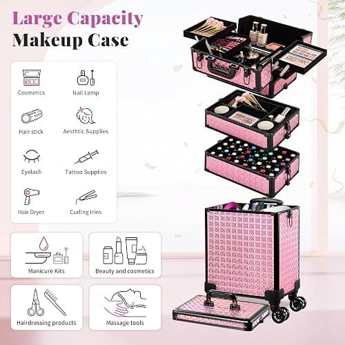 AROUS 5 in 1 Rolling Makeup Train Case Cosmetology Case on Wheels Large Cosmetic Organizer Travel Cart for Hairstylist Artist Nail Beauty Salon Barber,Pink thumbnail 6