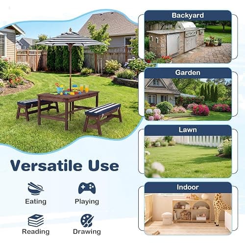 Costzon Kids Picnic Table, Fir Wood Toddler Outdoor Table & Bench Set w/Removable Umbrella & Cushions, Stripe Fabric, Kids Outdoor Furniture for Patio Backyard Garden, Fits 4 Children Age 3+ (Blue) thumbnail 8