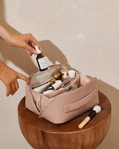 EACHY Travel Makeup Bag,Large Capacity Cosmetic Bags for Women,Waterproof Portable Pouch Open Flat Toiletry Bag Make up Organizer with Divider and Handle - Medium - AC-Pink thumbnail 7