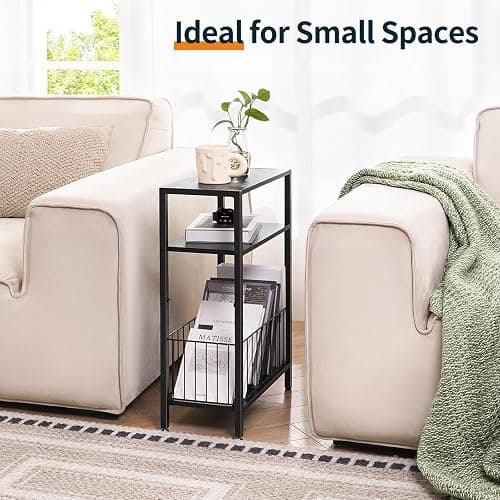 Yoobure Narrow Side Table with Storage Basket, Small End Table for Small Spaces, Skinny Side Tables Living Room Bedroom Office, Slim Nightstand 3 Tier Bedside Table Space-Saving for Magazine, Black thumbnail 4
