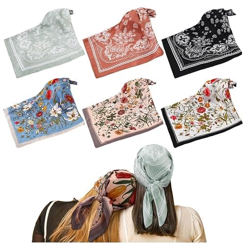 JATEBI 6 Pcs 27'' Square Head Scarves for Women Silk Like Lightweight Bandana Scarf with Paisley and Floral Patterns - Image 1