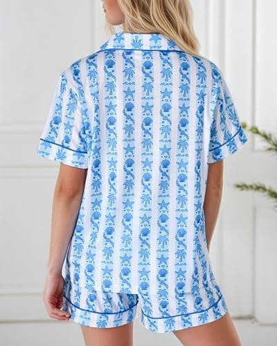 GZDINH Women's 2-Piece Pajama Set Palm and starfish Print Sleepwear Breathable Short Sleeve for Birthday Gift thumbnail 5