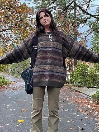 Women Y2K Argyle Striped Pullover Sweater Casual Long Sleeve Round Neck Vintage Preppy Style Pullover Knitwear thumbnail 4
