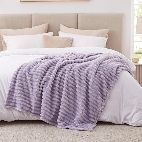 EXQ Home Fleece Throw Blanket for Couch or Bed - 3D Stripe Jacquard Decorative Blankets - Cozy Soft Lightweight Fuzzy Flannel Blanket Suitable for All Seasons(50"×60",Light Purple) | Cozy Soft, for Couch or Bed, Suitable for All Seasons, Lightweight, Fuzzy, Decorative Blankets thumbnail 3