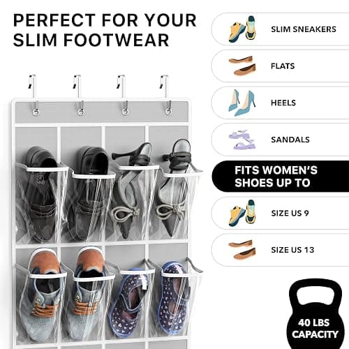 Simple Houseware 24 Pockets - Crystal Clear Over The Door Hanging Shoe Organizer, Gray (64'' x 19'') thumbnail 5