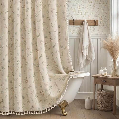 XOGUIBO Floral Vintage Linen Shower Curtain, French Country Shower Curtains for Bathroom with Tassels, 72Wx90H thumbnail 2