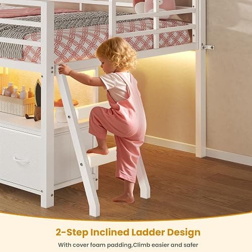 ADORNEVE Low Loft Bed Twin Size with 7 Storage Drawers, Bookcase and LED Lights, Metal Kids Loft Bed with 14" H Safety Guardrail,Inclined Ladder and Play Curtain, Under-Bed Play Space, White thumbnail 5