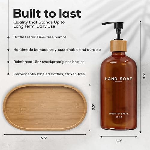 Amber Glass Hand and Dish Soap Dispenser Set by Brighter Barns - Kitchen Soap Dispenser Set with Tray - Bamboo Pump Bottles for Kitchen Sink - Modern Home Decor, Neutral Decor for Airbnb, Gift (Amber) thumbnail 2