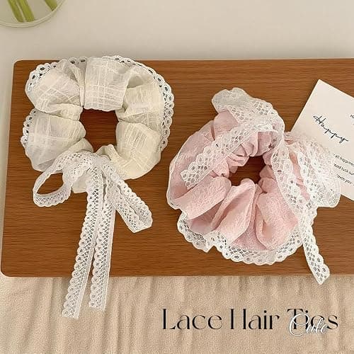 4 Pcs Cute Lace Scrunchies with White Bow Boho Hair Ties Elegant Ponytail Holder Elastic Band Scrunchy Lace Bow Hair Accessories for Women & Girls - Yellow, Pink thumbnail 3