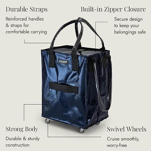 HULKEN - (Medium, Midnight Blue) Reusable Grocery Bag On Wheels, Shopping Trolley, Rolling Tote, Zipper Closure, Lightweight, Carries Up to 66 lb, Folds Flat, Unbreakable Handles thumbnail 7