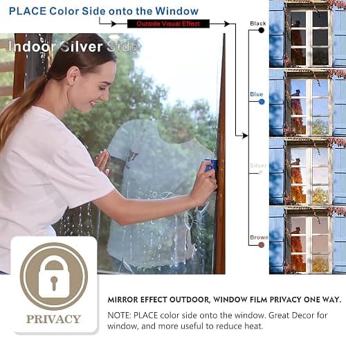 Window Privacy Film,One Way Mirror Film Daytime Anti UV Sun Blocking Heat Control Reflective Film Decorative Static Cling Window Tint for Home Office Living Room(Silver, 17 Inch x 6.5 Feet) thumbnail 2