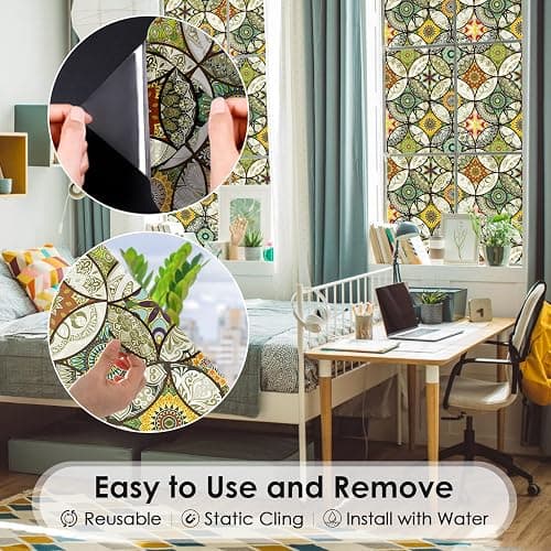 DKTIE Static Cling Decorative Window Film with Installation Tools Non Adhesive Privacy Film, Stained Glass Window Film for Bathroom Shower Door Heat Cotrol Anti UV, 17.7 x 78.7 Inch thumbnail 5