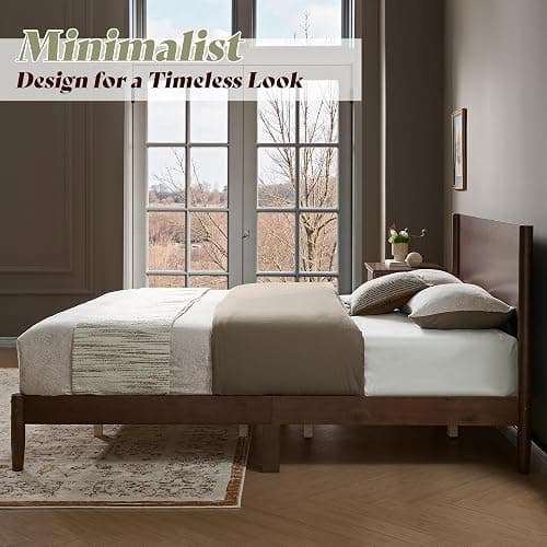 AMERLIFE Solid Wood Full Bed Frame, Mid Century Bed with Headboard, Walnut | Platform Bed with Full Panel Headboard, Noise-Free & Cylindrical Legs, No Box Spring Needed, Under-Bed Storage thumbnail 6