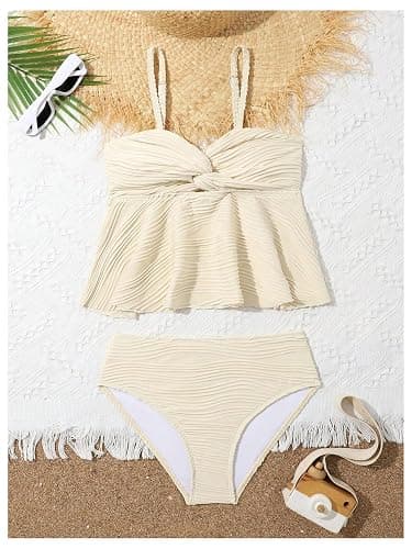 OYOANGLE Girl's 2 Piece Tankini Swimsuit Textured Twist Front Ruched Ruffle Bikini Set Bathing Suits - 10 Years - Beige thumbnail 4