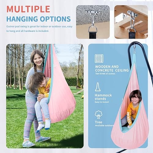 OUTREE Kids Pod Swing Seat, Cotton Child Hammock Swing Chair, Sensory Swing for Indoor and Outdoor Use, Macaron Pink thumbnail 4