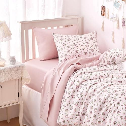 Wake In Cloud - Floral Comforter Set, Coquette Cottagecore Aesthetic Flower Shabby Chic Pattern for Women Teen Girls, Soft Lightweight Bedding, 3 Pieces, Pink, Twin/Twin XL Size - Twin/Twin XL - Pink thumbnail 6