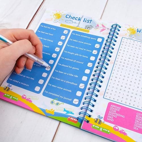 abeec Kids Holiday Journal with Pen | Travel Essentials for Kids Aged 6+ | Summer Activity Book with Puzzles Checklists & Games | 16 Activity Sheets & 34 Lined Pages | Plane Car & Caravan Fun thumbnail 4