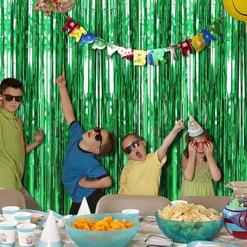 2 Pack Green Streamers Backdrop Jungle Party Decorations Foil Fringe Backdrop Curtains Photo Booth Backdrop for Birthday Dinosaur Animal St Patrick's Day Football Christmas Party Decorations thumbnail 6