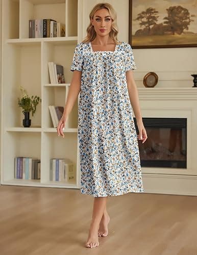 Ekouaer Cotton Long Nightgowns for Women Vintage House Dress with Pockets | Short Sleeve Casual Night Gown Lace Victorian Nightshirt Plus Size Moo Moos Sleepwear Full Length Soft Pajama Mumu Dress thumbnail 6