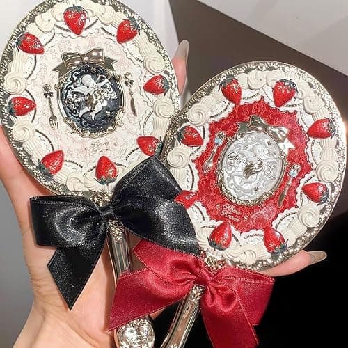 Flower Knows Strawberry Cupid Hand Mirror,Vintage Handheld Mirror,Fancy & Pretty Princess Mirror with Long Handle,Gift for Girls & Women(Red Velvet) thumbnail 6