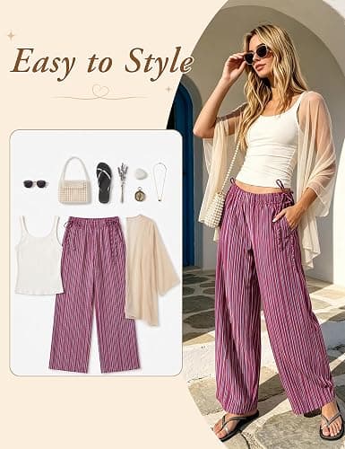 Fameetor Women Drawstring Striped Wide Leg Pants Summer Causal Barrel Loose Elastic Low Waist Palazzo Harem Pants Trousers thumbnail 3