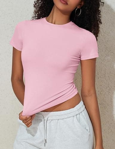 PrettyGuide Women's Crew Neck Short Sleeve Summer Basic Tee Tight Fit Cotton Jersey T Shirt Y2K Going Out Tops thumbnail 4