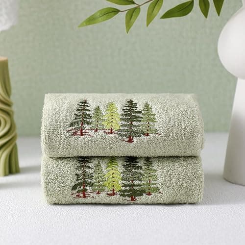SmoothNovelty 2 Pcs Forest Hand Towels Gray Green Bathroom Decor 14x29 Inch Embroidered 100% Cotton Soft Absorbent Nature Scene Decorative Hand Towels for Bathroom Kitchen thumbnail 6