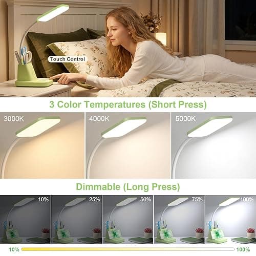 Sailstar Desk Lamp, LED Desk Lamps for Home Office, Wireless Charger Small Desk Lamp with Pen Holder, CRI 85, 800LM,3 Color Dimmable, Study Lamps for College Dorm Room, Adapter Included, Green thumbnail 3