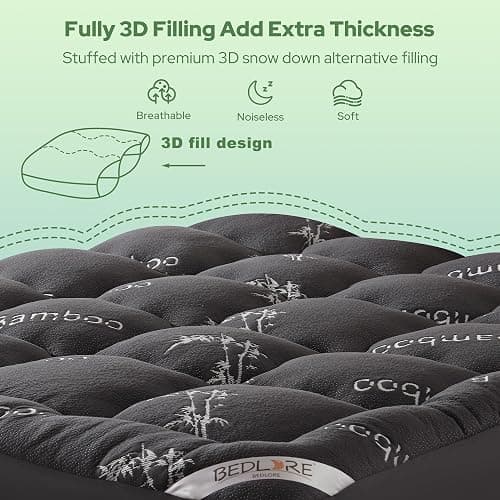 BEDLORE Full Size Mattress Topper Viscose Bamboo, Pillow Top Mattress Pad | Stretchable Pockets Fit 6"-15" Mattress, Soft Breathable Thick Mattress Topper for Back Pain Relief & Hot Sleepers(Dark Gray) thumbnail 5