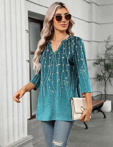 Zeagoo Womens 3/4 Length Sleeve Tops V Neck Tunic Casual Dressy Blouse Floral Printed Shirts thumbnail 4