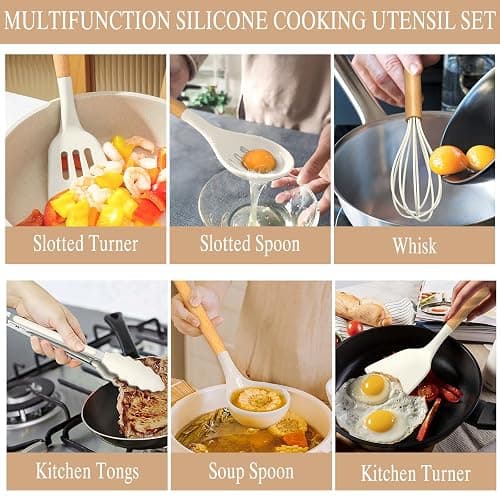 Umite Chef Kitchen Cooking Utensils Set, 33 pcs Non-stick Silicone Cooking Kitchen Utensils Spatula Set with Holder, Wooden Handle Silicone Kitchen Gadgets Utensil Set (Cream White) thumbnail 6