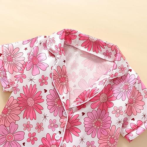 Qiylii 1-6Y Toddler Girls Floral Silk Pajamas Short Sleeve Button-Up Top Shorts Summer 2PC Flowers Satin Pajamas Set thumbnail 2