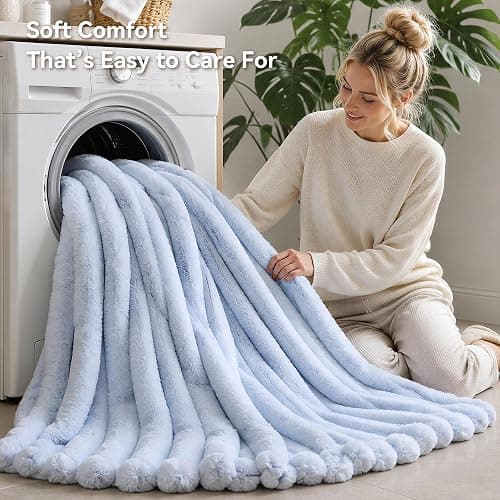 Smoofy Light Blue Fluffy Faux Rabbit Fur Striped Blanket 60"x80", 870GSM | Super Soft & Cozy Comfort Blanket, Luxury Fuzzy Fleece Throw, Perfect Home Decor For Sofa & Couch, Great Gift for Women thumbnail 7