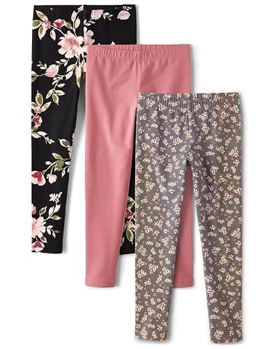 The Children's Place Girls' Assorted Everyday Pull on Leggings - Medium - Floral/Mauve/Gray 3-pack - Image 1