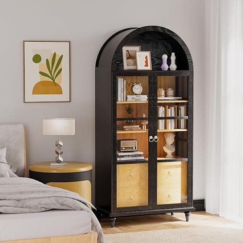 YESHOMY 71" Arched Cabinet, Tall Kitchen Pantry Storage Cabinets with Large Drawers, Shelves and Glass Doors, Modern Display Bookcase for Living Room, Dining Room (Pure Black) thumbnail 3