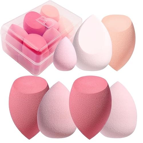 Makeup Sponge Set BS-MALL Blender Sponges 7 Pcs for Liquid, Cream, and Powder, Multi-colored with 1 Mini Makeup Sponge Pink (A-Pink） - A-Pink - Image 1